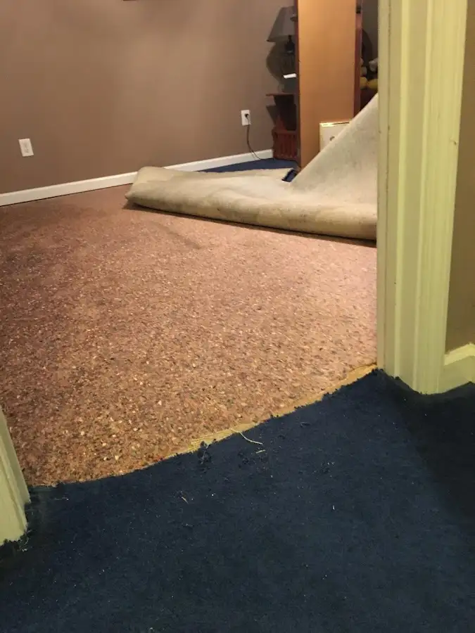 Carpet pad removal revealing water damage during Drying & Dehumidification in Moss Point